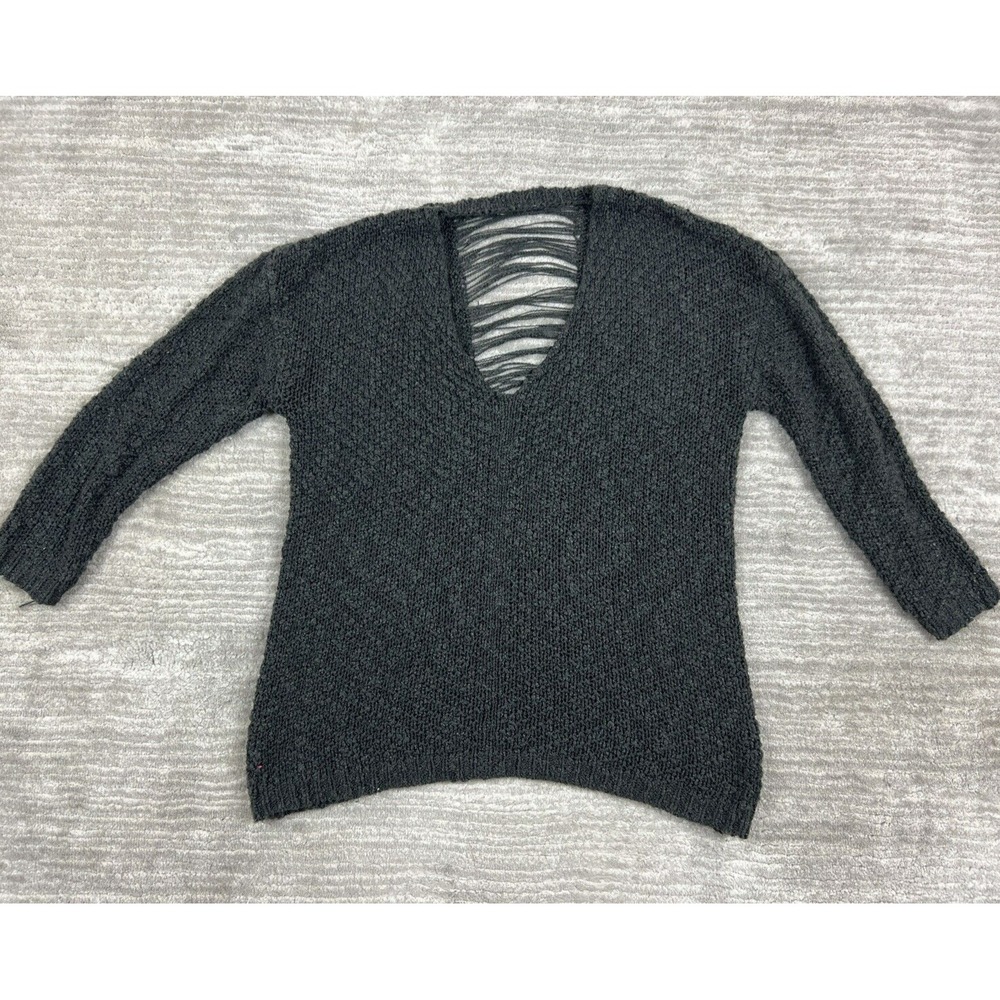 Taylor & Sage Sweater Women Medium Gray V-Neck Distressed Back Knit Pullover